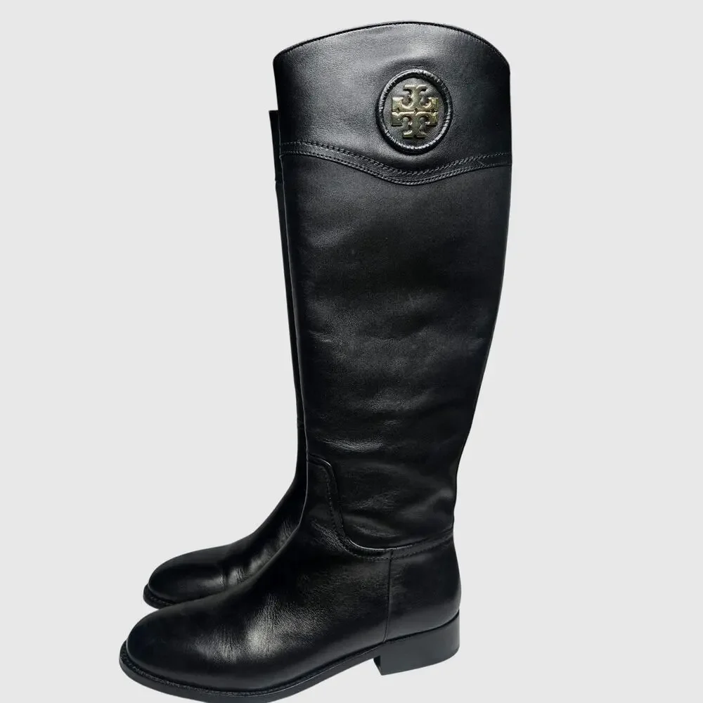New Tory Burch Womens Ashlynn Black Leather Gold Logo Tall Riding Boots 8.5